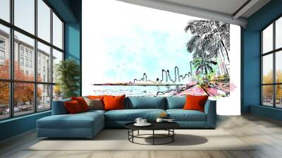 Building view with landmark of Panama City is the
city in Florida. Watercolor splash with hand drawn sketch illustration in vector. Wall mural