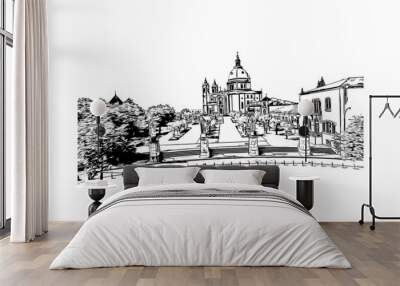 Building view with landmark of The district of Braga is a district in the northwest of Portugal. Hand drawn sketch illustration in vector. Wall mural