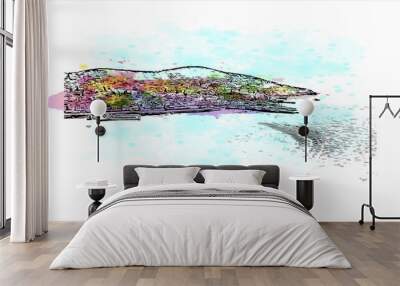 Building view with landmark of The Princes’ Islands are a cluster of 9 islands southeast of Istanbul in the Sea of Marmara. Watercolor splash with hand drawn sketch illustration in vector. Wall mural