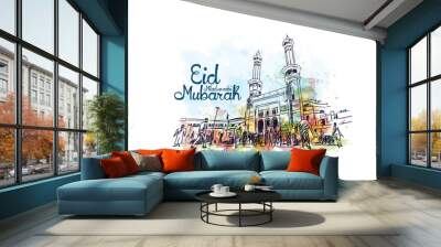 Eid Milad Un Nabi Mubarak design poster with watercolor splash sketch and Mecca Madina Saudi Arabia in vector illustration. Wall mural