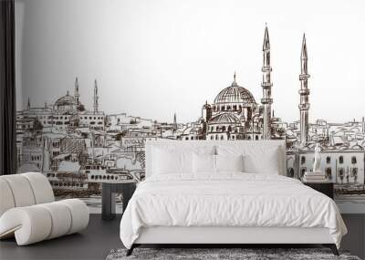 Hand drawn sketch of the world famous Blue mosque, Istanbul in vector illustration. Wall mural