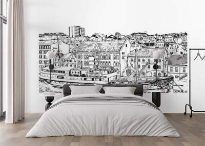 Print Building view with landmark of Stavanger is the city in Norway. Hand drawn sketch illustration in vector.  Wall mural