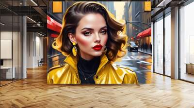 woman in a yellow jacket in city. Wall mural