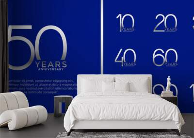 set of anniversary logo silver color on blue background for celebration moment Wall mural