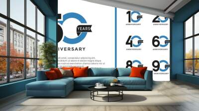 set of anniversary logo style black and blue color and ribbon for celebration Wall mural