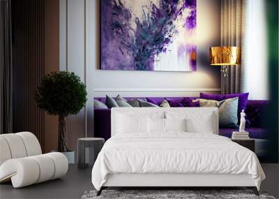 closeup of modern living room with sofa in purple Wall mural