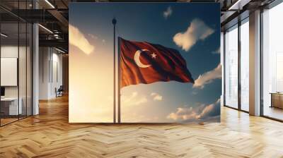 Turkish national flag hang in open air on a tower, Generative AI Wall mural