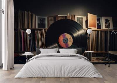 Vinyl record in front of a collection of albums, vintage music concep Wall mural