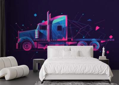 A colorful and futuristic stylized illustration of a semi-truck in a dark background with geometric shapes. Wall mural