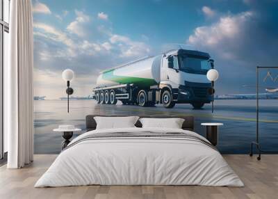 A white tanker truck with a green stripe drives on a tarmac runway at the airport. Wall mural