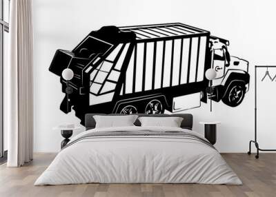 Garbage truck. back view. Black silhouette. Vector graphic illustration. Isolated object on a white background. Isolate., truck isolated on white background. Wall mural