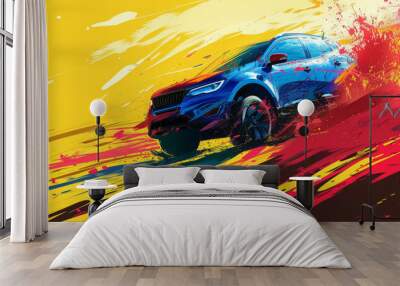 The design illustration of an is SUVs (Sport Utility Vehicles) driving fast on the road, dynamic scene, colorful splashes in background Wall mural