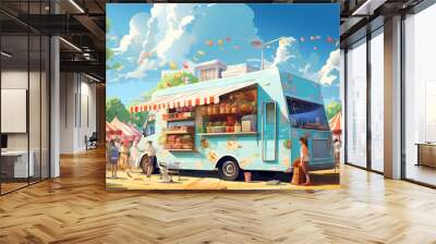 Vibrant illustration of a food truck amidst a bustling Street Food Festival, offering a delectable variety of food and drinks, including mouthwatering ice cream. Wall mural