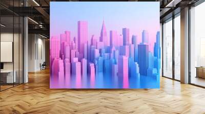 3d render of cityscape with skyscrapers, gradient background in blue and pink colors Wall mural