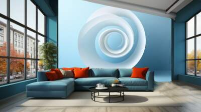 3d render of white abstract shape on blue background, spiral with paper elements Wall mural