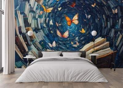 A book with pages turning into butterflies, flying in the center of an endless spiral galaxy made up entirely of books Wall mural