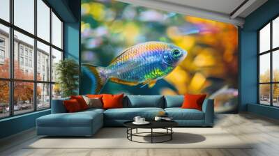 A colorful fish swimming in a tank with green plants Wall mural