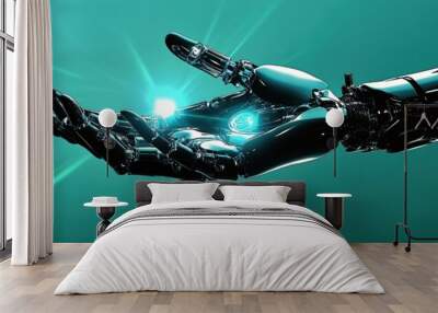 A digital artwork of an AI robot hand reaching out, with light beams emanating from its fingers Wall mural