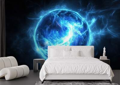 a glowing blue energy sphere on black background, radiating light from the center Wall mural