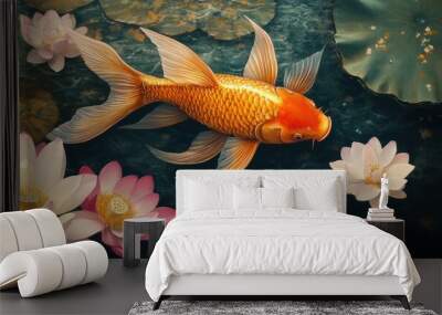 A golden fish swimming in a lotus pond, surrounded by blooming pink and white flowers Wall mural