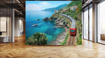 A photo of the train on tracks above sea level, overlooking Cinque Terre and its coastline Wall mural