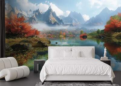 A picturesque mountain lake surrounded by lush green meadows and colorful autumn foliage Wall mural