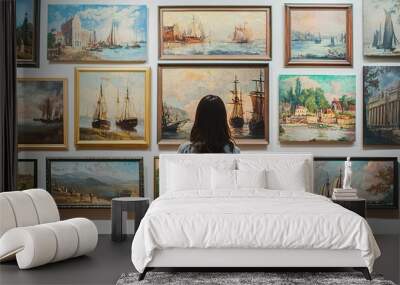 A woman in an art gallery stands before a wall of paintings, each depicting scenes from different historical Wall mural