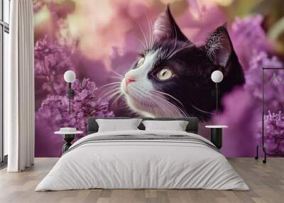 Black and White Cat Amidst Lilac Flowers Wall mural