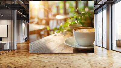 Coffee espresso on wood table nature background in garden Wall mural