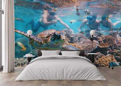 Colorful coral reef with many fishes and sea turtle. The people at snorkeling underwater tour at the Caribbean Sea at Honeymoon Beach on St. AI generated Wall mural