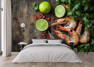 commercial photography, A spread of fresh shrimp with lime Wall mural