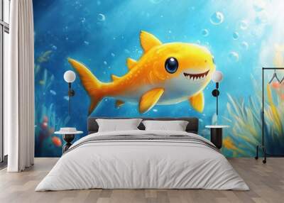 Cute Yellow Shark Swimming in a Blue Ocean Wall mural