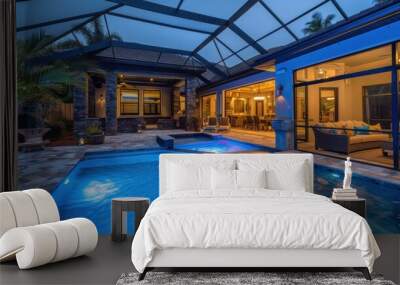 Luxury salt water pool and patio at night. Wall mural