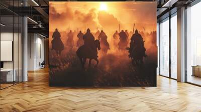 Medieval battle scene with cavalry and infantry. Silhouettes of figures as separate objects, fight between warriors on sunset foggy background. Wall mural