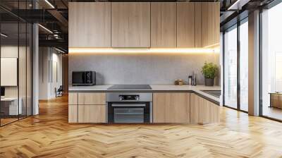 Minimalist Scandinavian kitchen with light wood cabinets, white walls and grey backsplash Wall mural