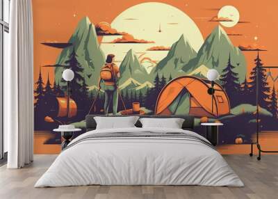 Mounting summer camping artwork for t shirt , sweatshirt, poster, sticker and others. Mountain hiking t-shirt vector design. Wall mural