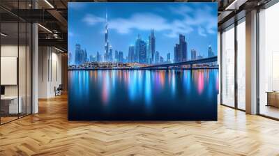 panoramic view of Dubai city skyline at night with reflection in the water Wall mural