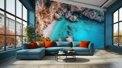 panoramic view of the coast with rock cliffs and beach in zante, blue water, sea, top down perspective Wall mural