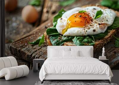 Poached egg on a piece of bread with spinach Wall mural