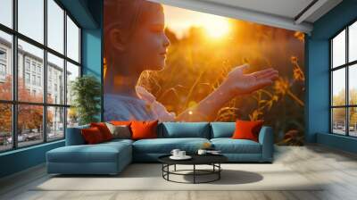 Reaching out to the sun, happy girl at sunset, sunlight shining on her hand, solar system star, happy family concept, touching a dream, asking for help from God Wall mural