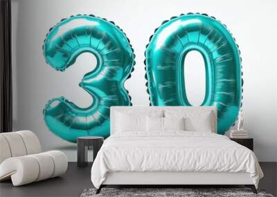 Teal Number Thirty Balloons on White Background Wall mural