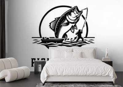 fishing sport logo Illustration with Big fish, Fishing man with big fish Wall mural