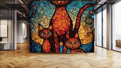 Cute cat family vector illustration. Stained glass style. Wall mural