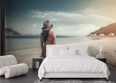 Back view, Woman on beach in summer by generative ai Wall mural