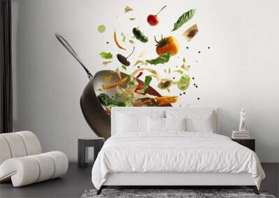 Cooking concept. Vegetables flying out of the pan isolated on white background ,Generative ai
 Wall mural