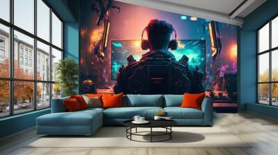 Futuristic Professional E-Sports gamer playing online games computer with headphones,cyberpunk game room background ,Generative AI
 Wall mural