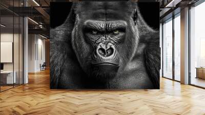 Portrait face powerful dominant male gorilla on black background, Beautiful Portrait of a Gorilla. severe silverback, anthropoid ape, stern face. isolated black background,Generative AI
 Wall mural