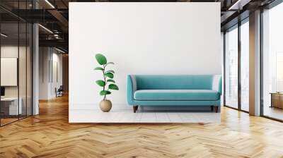 Empty living room with blue sofa, plants and table on empty white wall background, Generative AI Wall mural