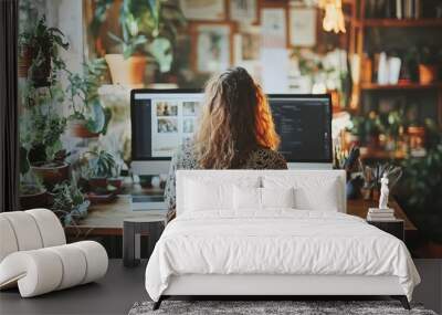 Freelancer working at her creative workstation, Generative AI Wall mural