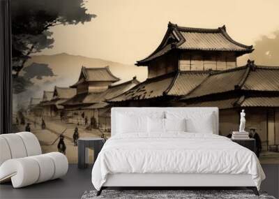 Illustration of feudal japan village, Generative AI Wall mural